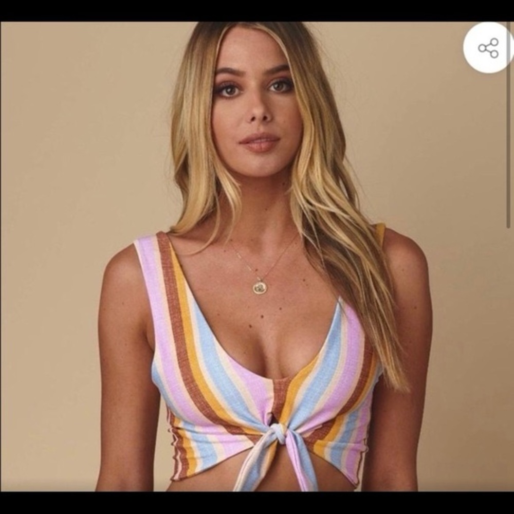 Montce Striped Tie-Front Bikini Top in Lilac, Mustard, Sky Blue, White